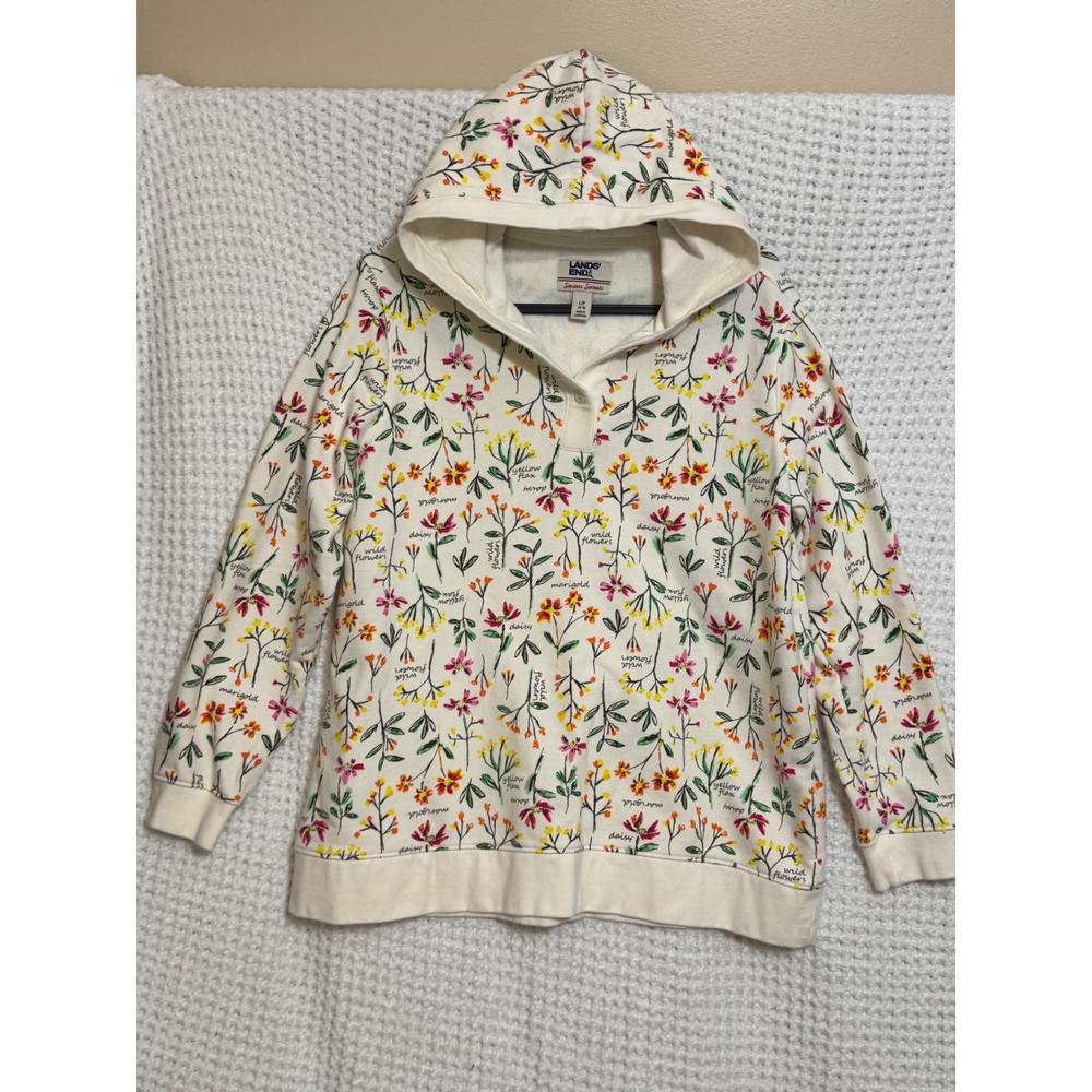 Lands End Serious Sweats Floral Print Hoodie Size L P 14 16 White‎ Multicolored